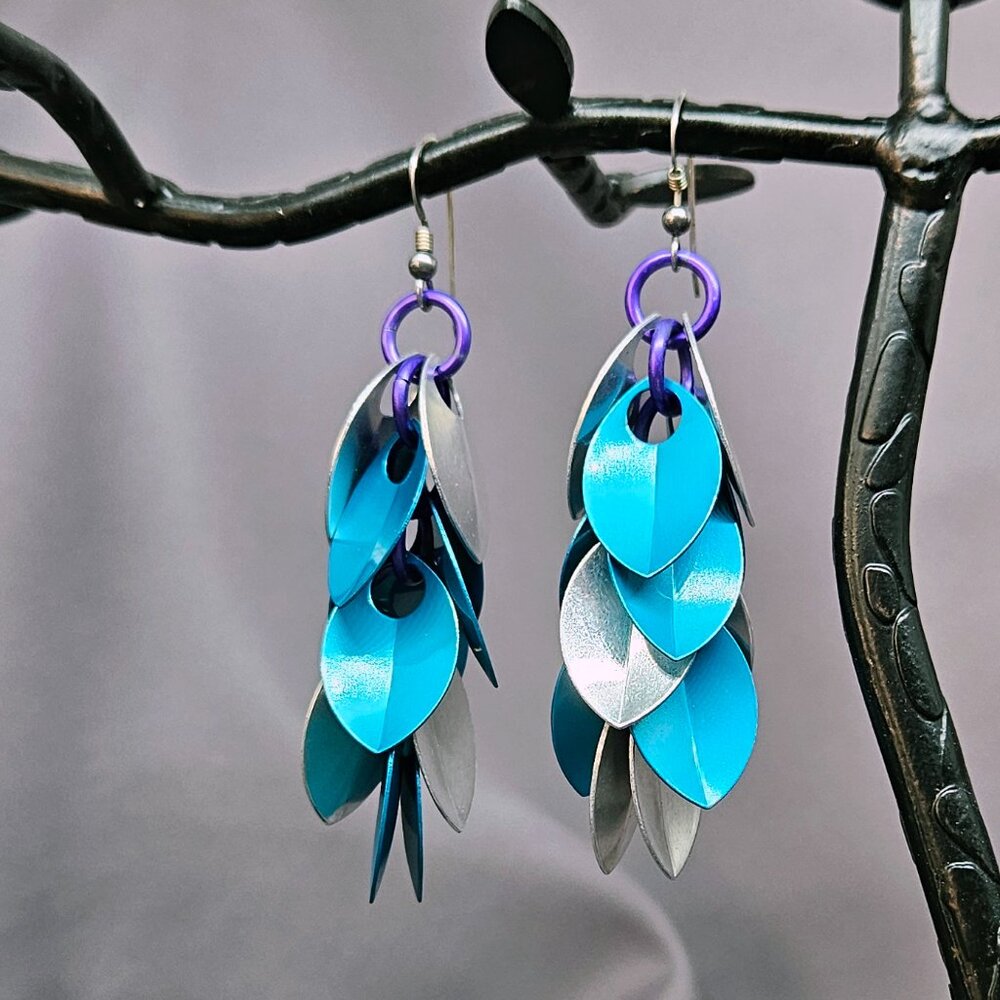 GU Earrings Teal Anodized and Silver Aluminum Dragon Scales, Handmade - 3"